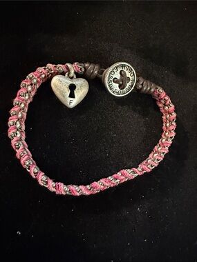 Fossil Pink and Silver Braided Heart Charm Bracelet